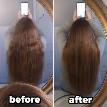 before and after of reviewer's hair looking frizzy and dry, followed by the same hair looking smooth and silky after using the l'oreal treatment