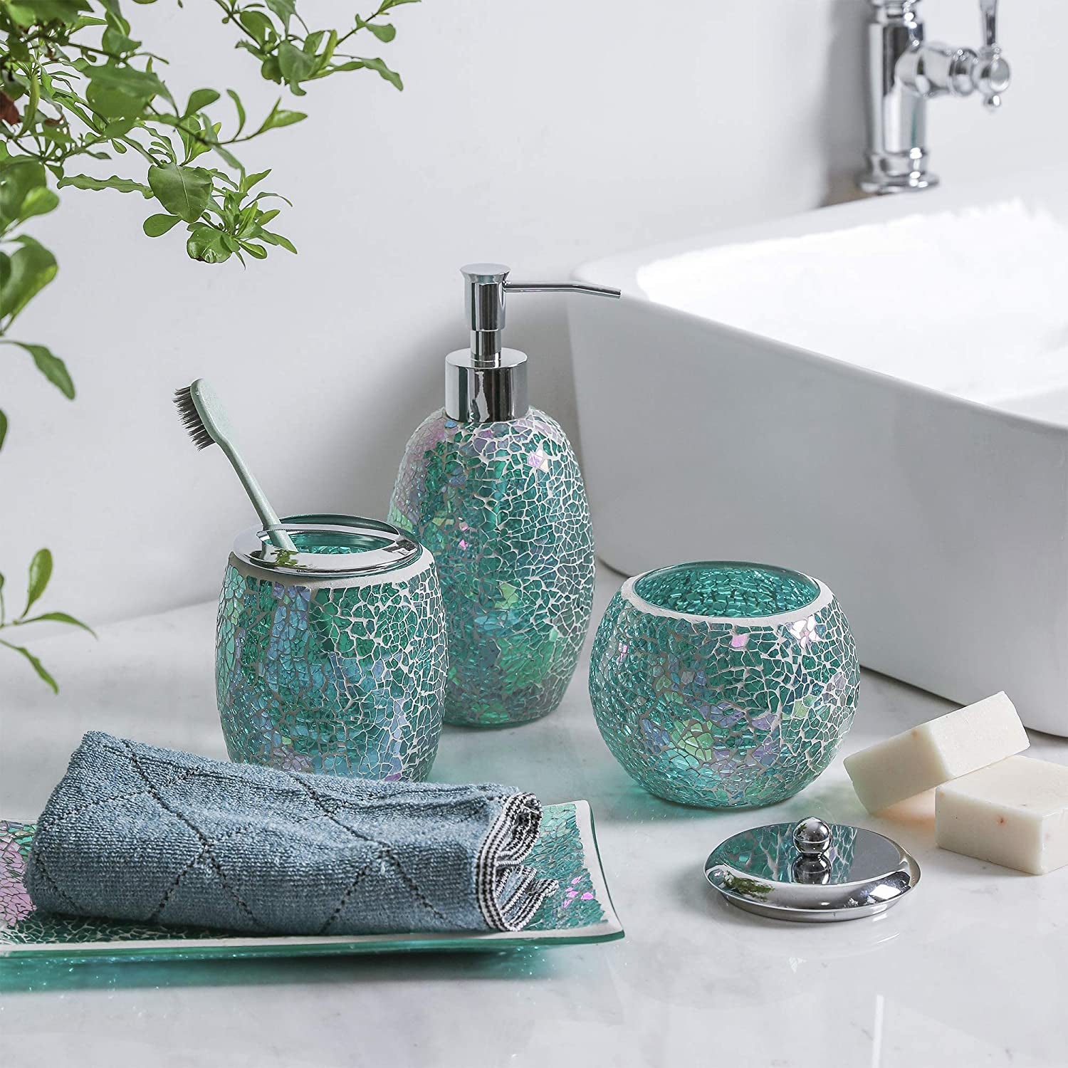 the shimmery blue, green, and purple mosaics set with toothbrush holder, lotion dispenser, cotton ball jar, and vanity tray!