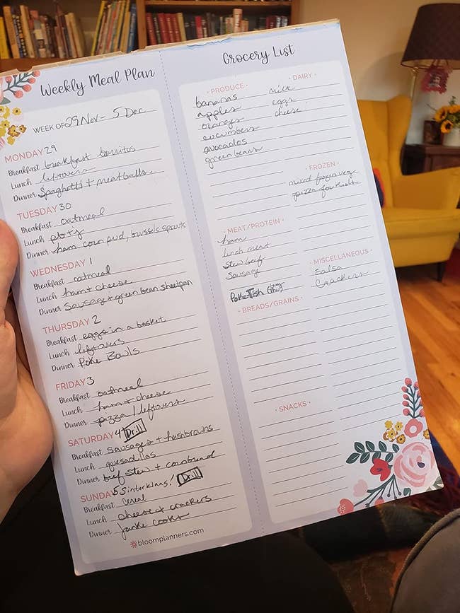 reviewer's filled out meal plan pad