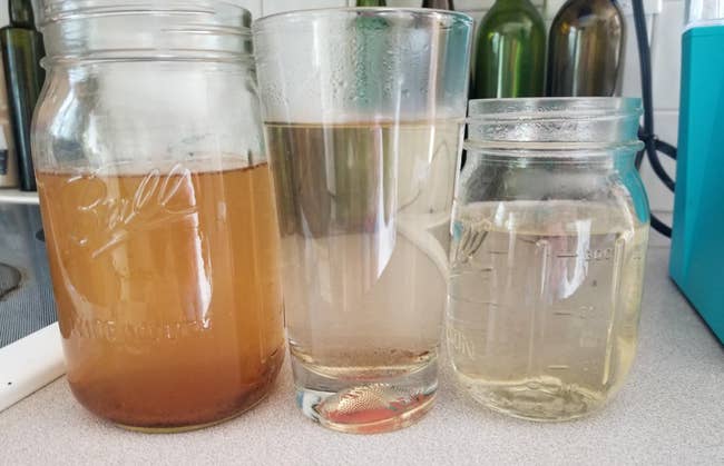 a reviewer photo of a cup filled with brown water on the left, a cup filled with murky water in the middle, and a cup filled with clean water on the right 