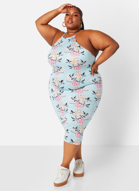 model wearing the blue printed high neck dress