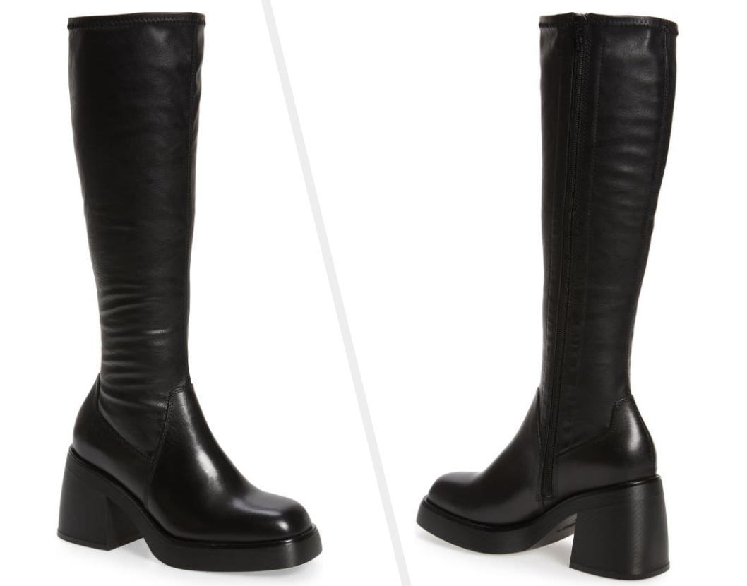 Two images of black platform boots