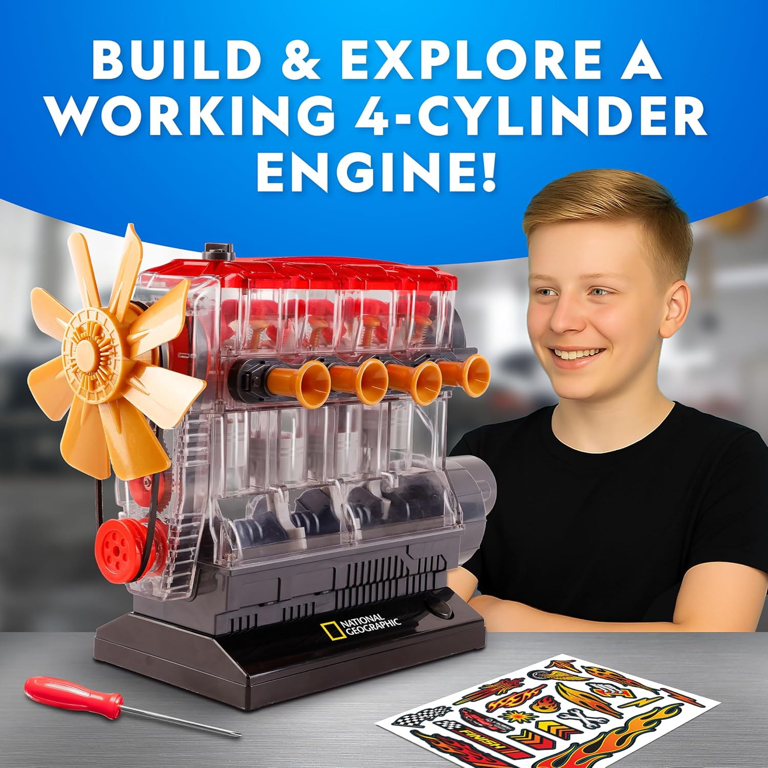 Teen assembling a transparent exemplary  of a 4-cylinder motor  with disposable   moving parts, container  includes stickers and a reddish  screwdriver