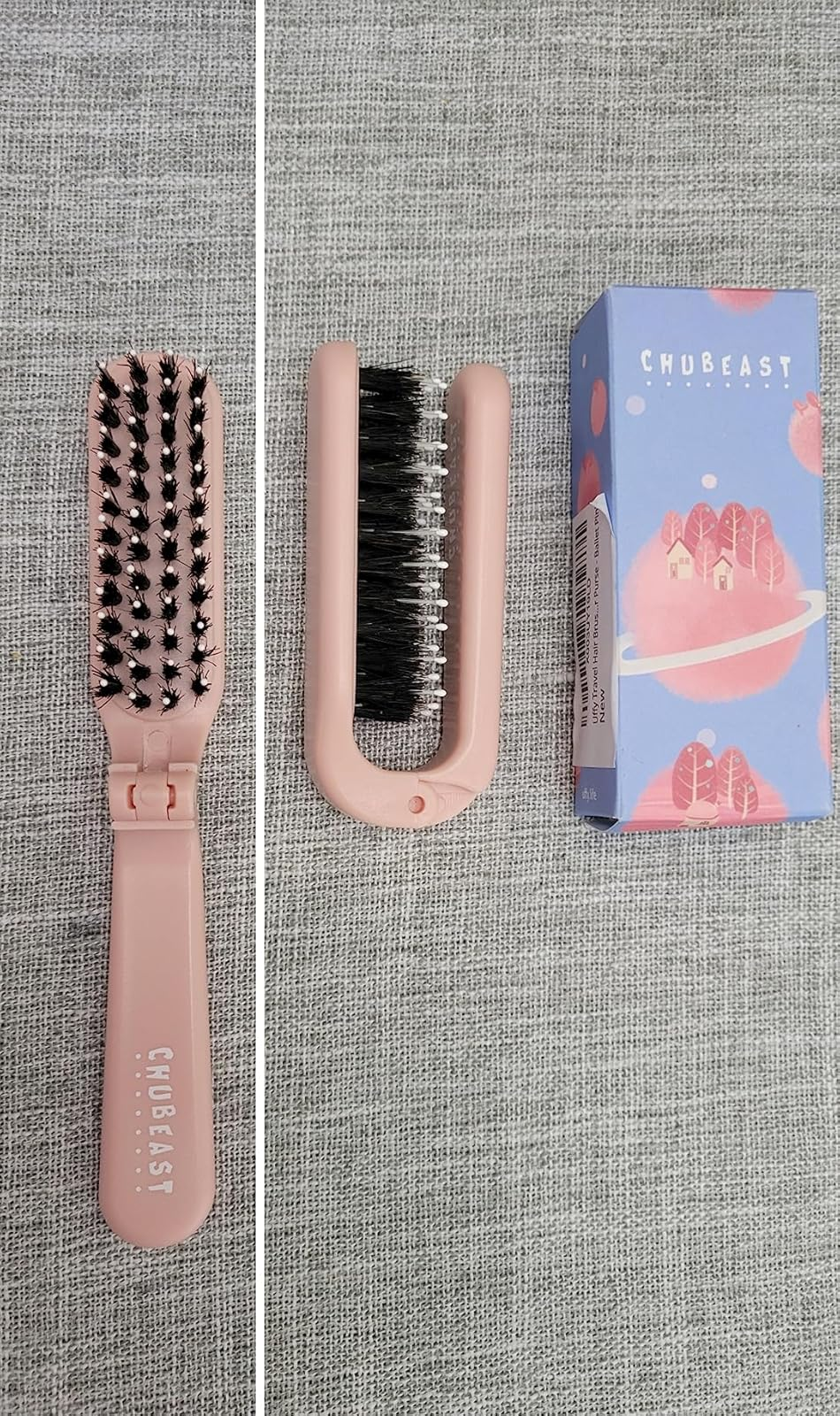 Folding pinkish  brushwood  with achromatic  bristles adjacent  to its packaging connected  a textured surface