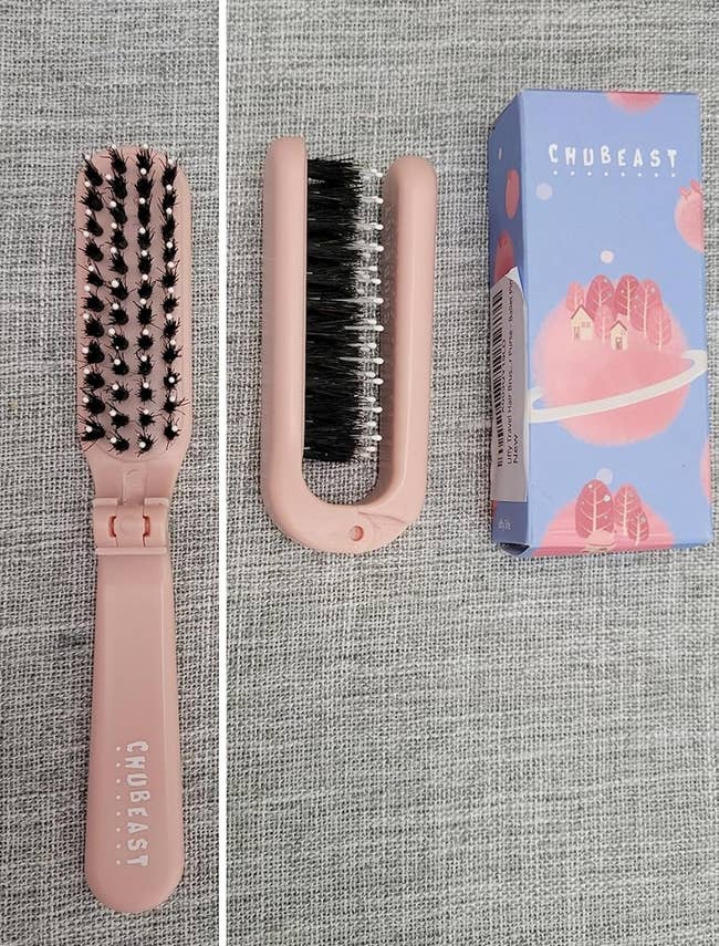 Folding pinkish brushwood with achromatic bristles adjacent to its packaging connected a textured surface