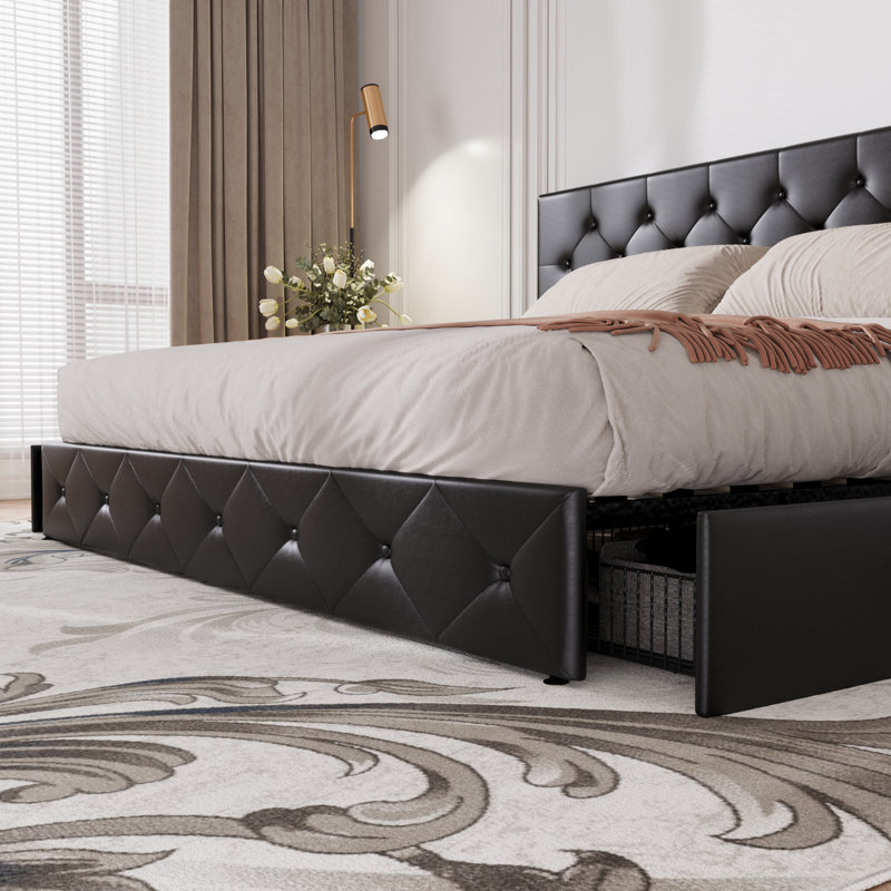 Luxury furniture  with a tufted leather frame, well-styled with neutral bedding and a pull-out retention  drawer underneath, acceptable   successful  a modern, elegant bedroom