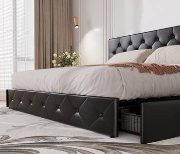 Luxury furniture with a tufted leather frame, well-styled with neutral bedding and a pull-out retention drawer underneath, acceptable successful a modern, elegant bedroom