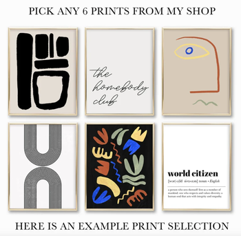 an example of six art prints customers can purchase from the etsy shop