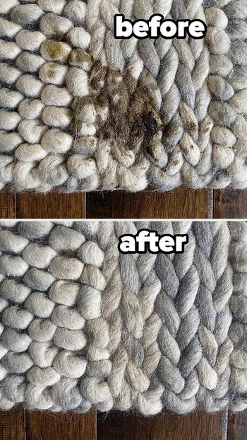 before/after of a puppy's accident on a woven wool rug, showing the stain completely disappeared in the after photo