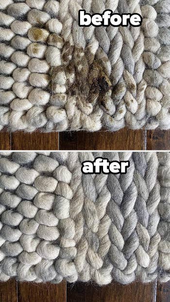 before/after of a puppy's mishap  connected  a woven wool rug, showing the stain wholly  disappeared successful  the aft  photo