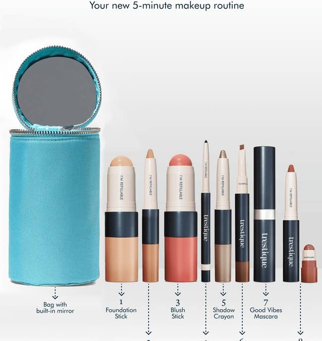 a cylindrical bag next to labeled concealer, foundation, blush, eyeliner, eyeshadow, brow pencil and gel, mascara, and lip crayon sticks 