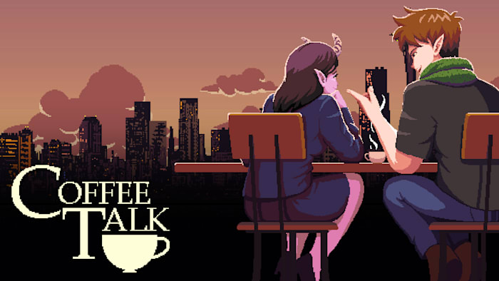 a pixelated illustration of two characters sitting at a table with text reading 