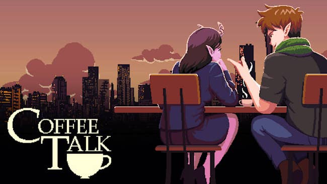 a pixelated illustration of two characters sitting at a table with text reading 