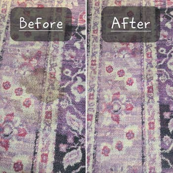 before and after showing a stained rug, followed by the stian completely removed after using the stomp n go pads