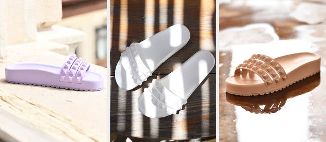 Three images of purple, white, and beige jelly shoes