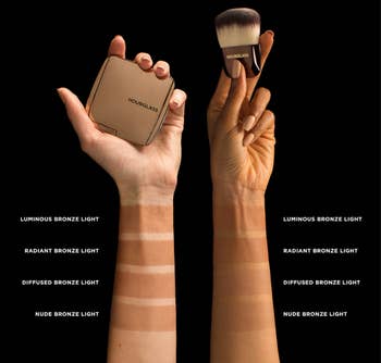 two models showing the different bronzer shades on their arm