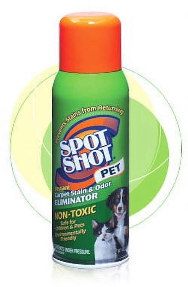 Spot Shot Pet spray canister for carpet stain and odor removal, harmless for children and pets, non-toxic, with images of a canine and feline connected the label