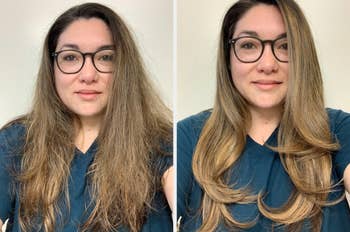 Another reviewer before and after - straight, frizzy hair to a smooth blowout