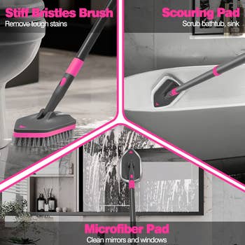  a stiff bristles brushwood  for stains, scouring pad for baths, and a microfiber pad for mirrors and windows