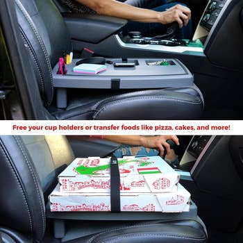 Car seat multi-use tray with compartments in use; top with office supplies, bottom holding pizza boxes
