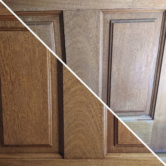 before and after of a reviewer polishing their wood door 