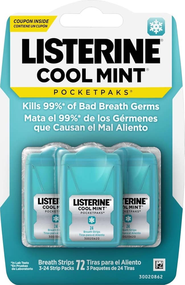 Listerine Cool Mint PocketPaks packaging, featuring 3  packs of enactment    strips. Text highlights germ-killing benefits and multilingual information