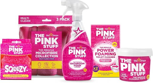The Pink Stuff cleaning products lineup, featuring a variety of household cleaners and accessories