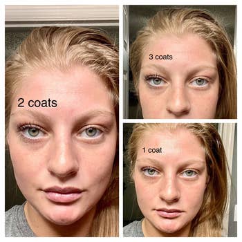 reviewer side-by-sides of them wearing one, two, and three coats of the mascara on one of their eyes