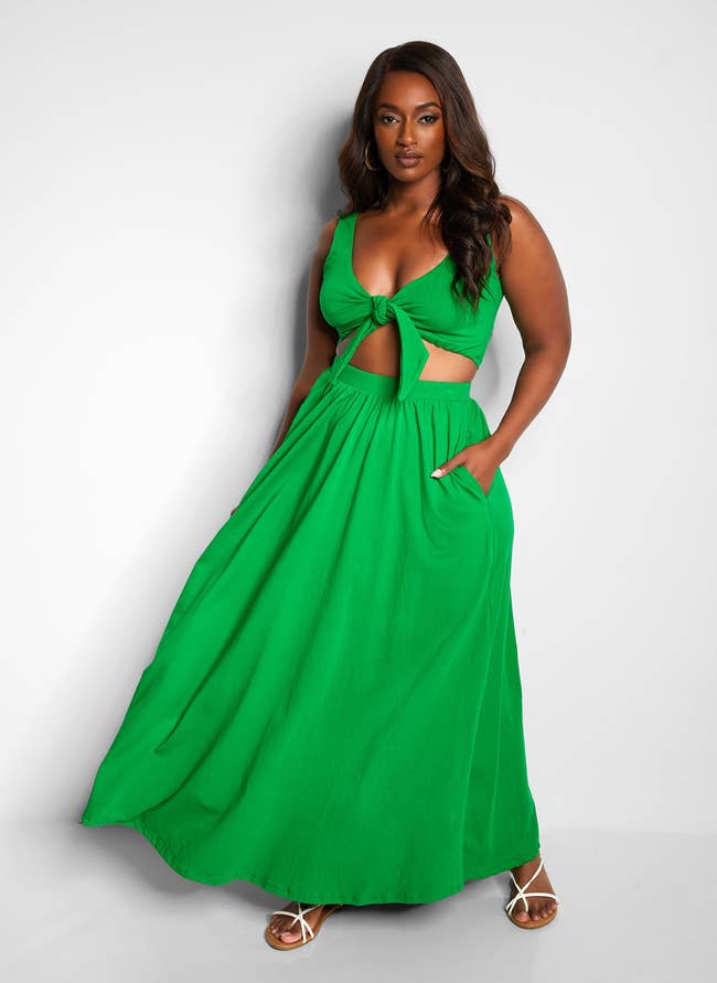 model wearing the bright green set