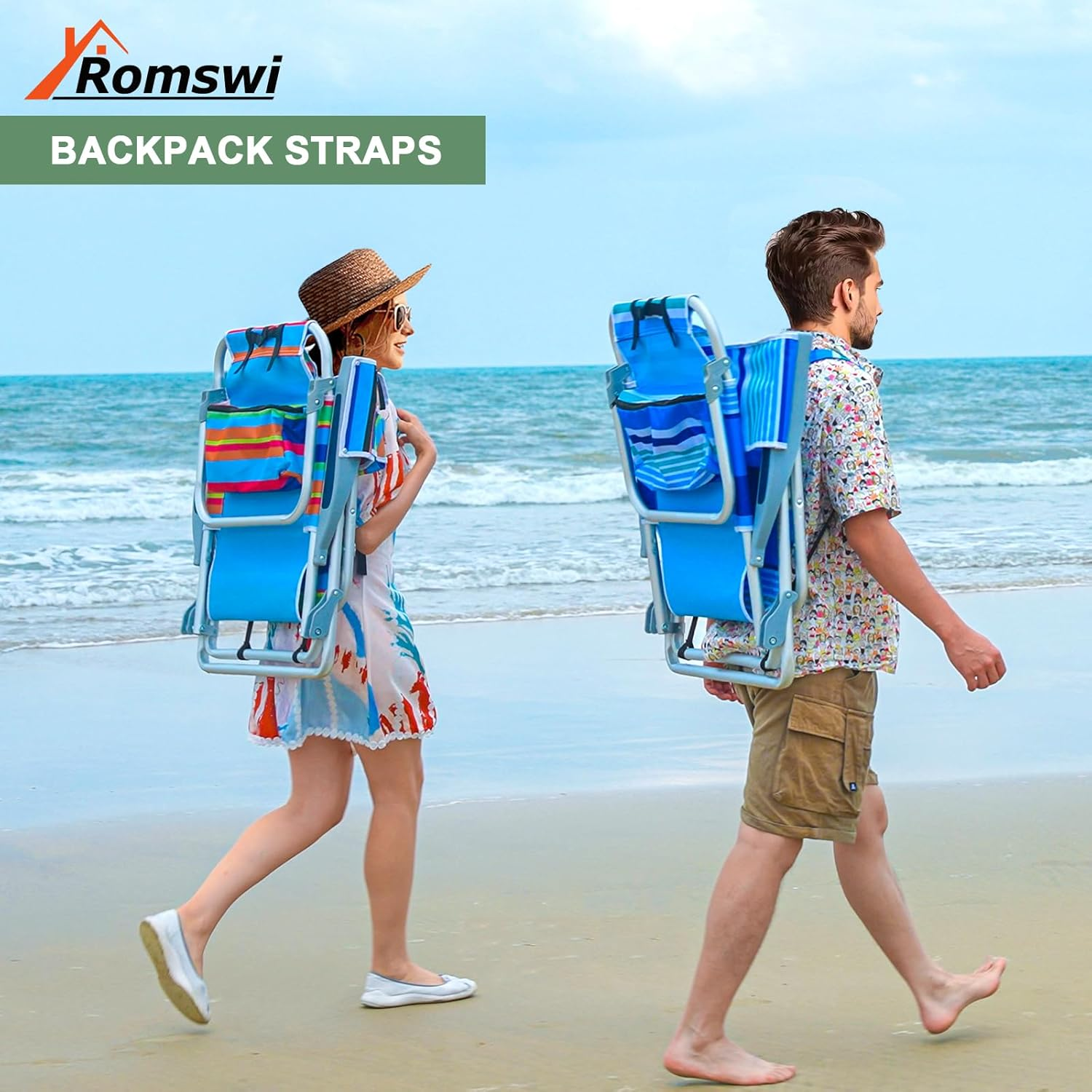 Two radical   carrying formation  chairs with backpack straps walking on  a beach. The chairs diagnostic   colorful cloth  patterns