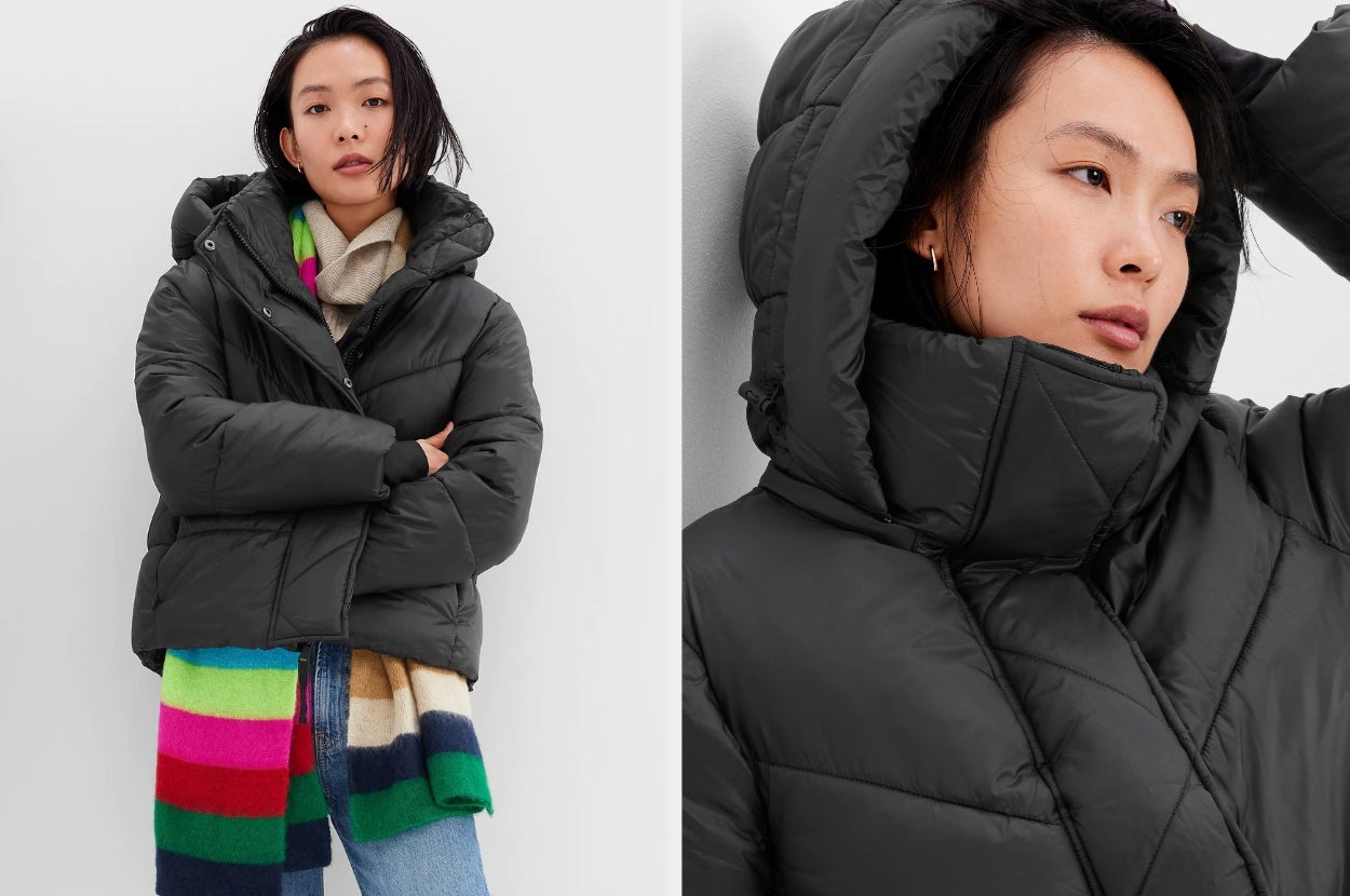 two images of model wearing black jacket