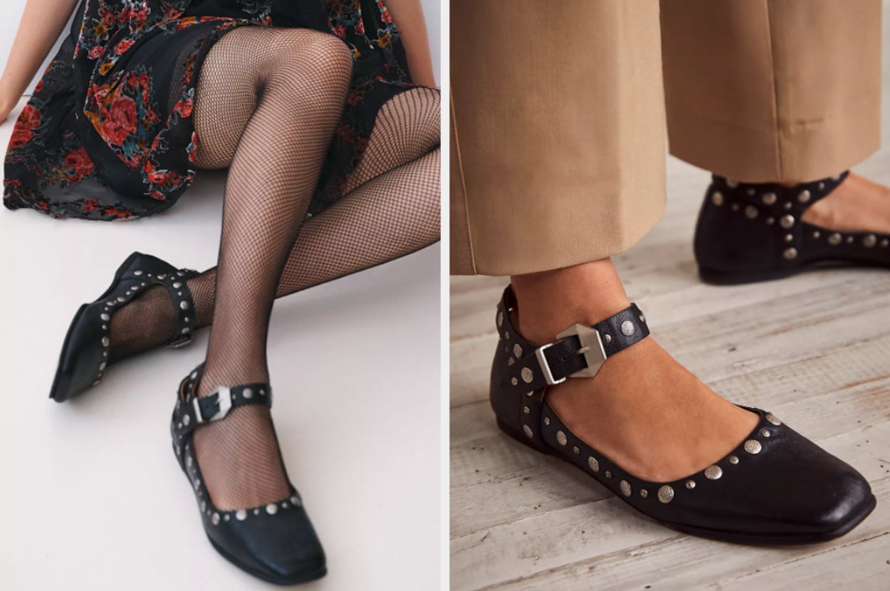 Two images of models wearing black studded shoes