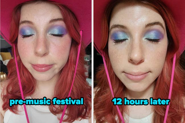 before/after of an editor's constitution look for a euphony festival, showing however the mounting spray kept her constitution cleanable 12 hours later
