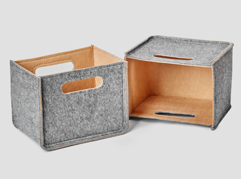 two gray felt storage boxes