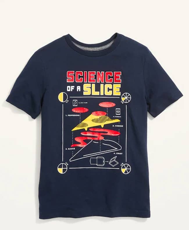 a blue graphic tee with a pizza diagram on it