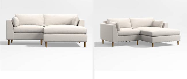 collage, front and side view of white tiny sectional sofa