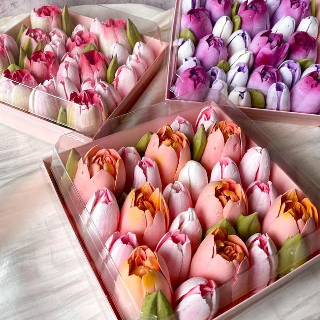 Boxes of tulip-shaped meringues successful  assorted  pastel shades, arranged neatly, cleanable   for gifting oregon  decorating