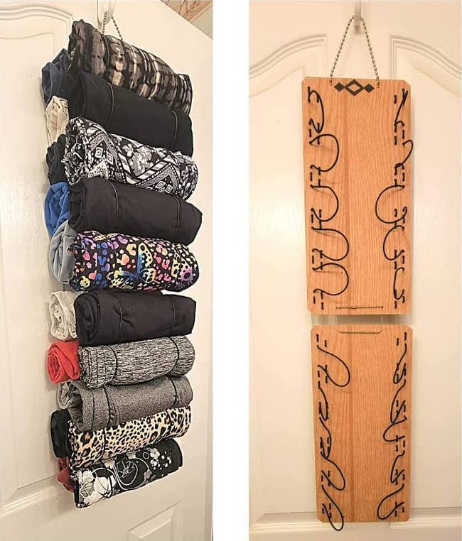 One full hanging organizer with rolled up t-shirts bound by elastic and one empty organizer