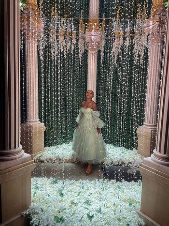 a reviewer in a long tulle dress with embroidered flowers on it