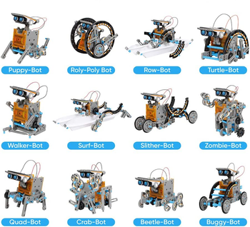 Grid image of 12 different builds for robot toy kit