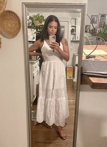 reviewer mirror selfie wearing white maxi dress