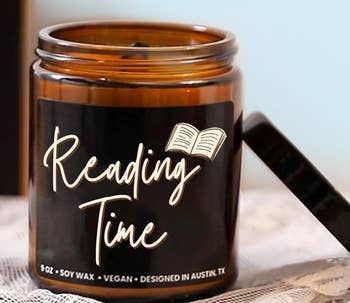 Scented candle labeled 'Reading Time'