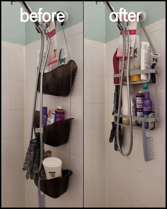 Before and after of a shower organization, showcasing a more compact and tidier arrangement of toiletries and accessories on the right