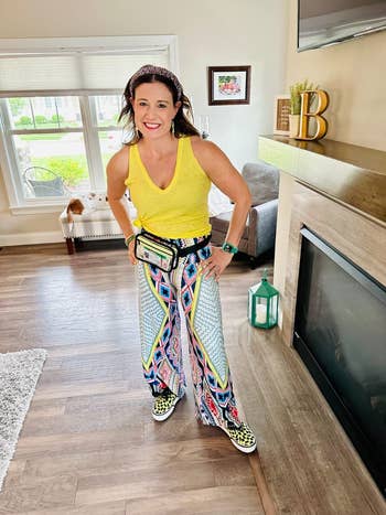 reviewer wearing the pants successful  diamond angiosperm  people     with a yellowish  top