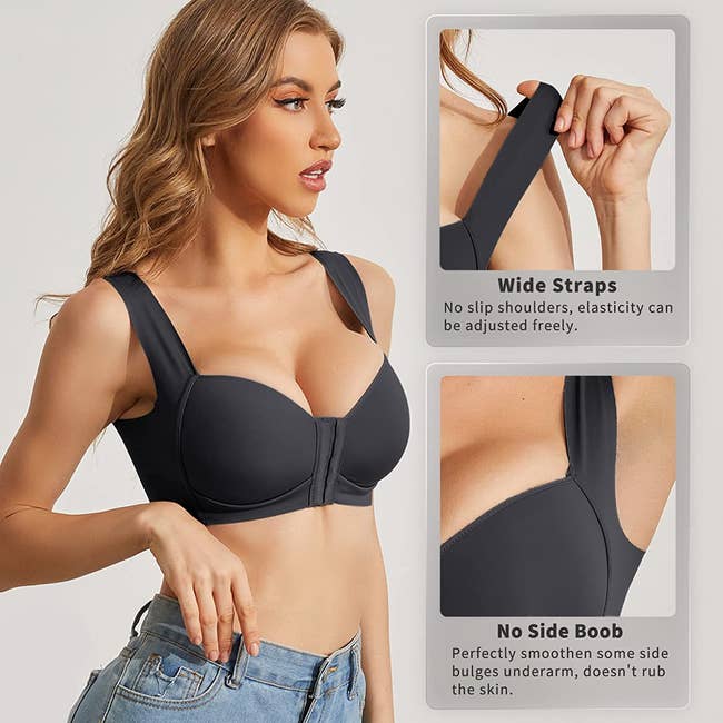 a close up of the black bra with wide straps