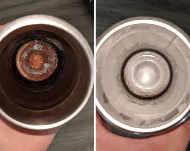 before and after of a reviewer's thermos that is stained dark brown looking shiny and silver again after the bottle tablets removed the stains