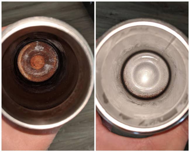 before and after of a reviewer's thermos that is stained dark brown looking shiny and silver again after the bottle tablets removed the stains