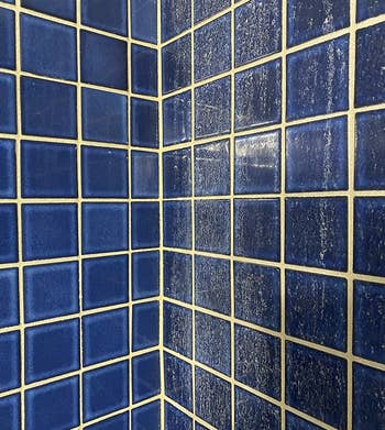 Reviewer before and after photo of their blue bathroom tile with and without hard water stains