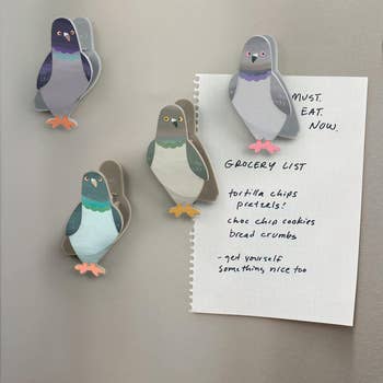 Four pigeon-shaped magnets hold a handwritten grocery list on a fridge: tortilla chips, pretzels, choc chip cookies, bread crumbs, and a reminder