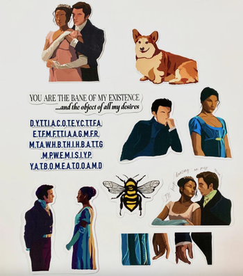 various stickers of kate and anthony, a bee, a close up on their hands, newton, you are the bane of my existence and the object of all my desires, and the first letters of that whole monologue